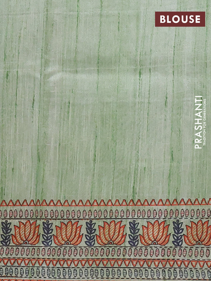 Semi tussar saree pista green with allover mathubani prints & kantha stitch work
