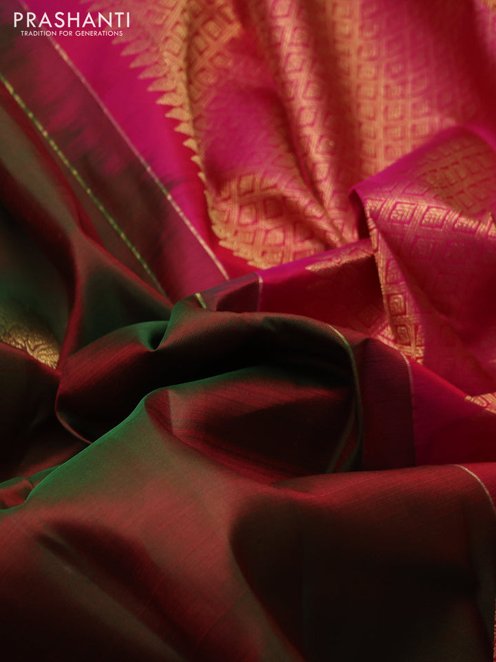 Pure kanchipuram silk saree manthulir green and pink with zari woven buttas and zari woven border