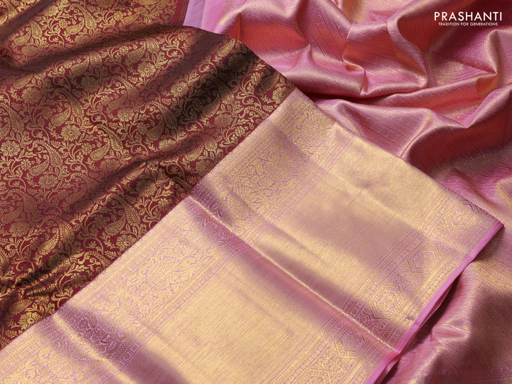 Pure kanchipuram silk saree maroon and light pink with allover zari woven brocade weaves and long zari woven border