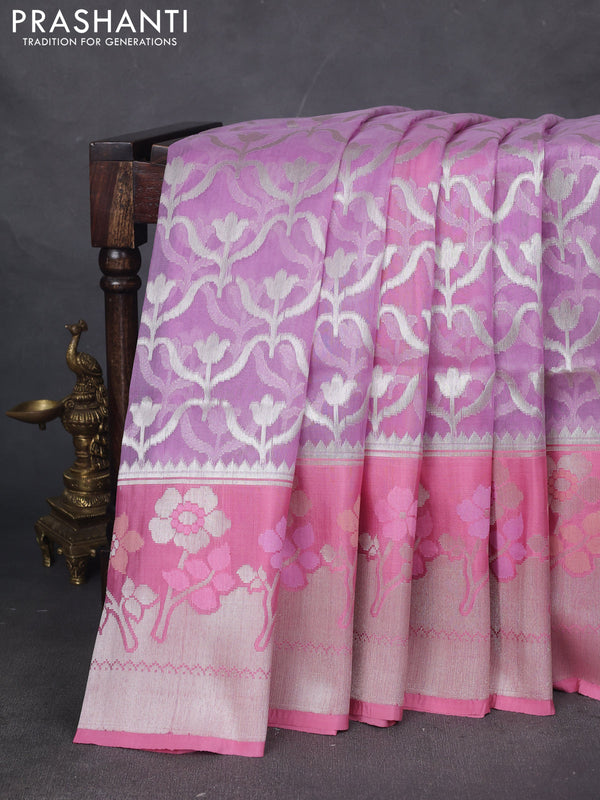 Kora jamdhani silk saree lavender and pink shade with allover silver woven jamdhani weaves and long floral zari woven border