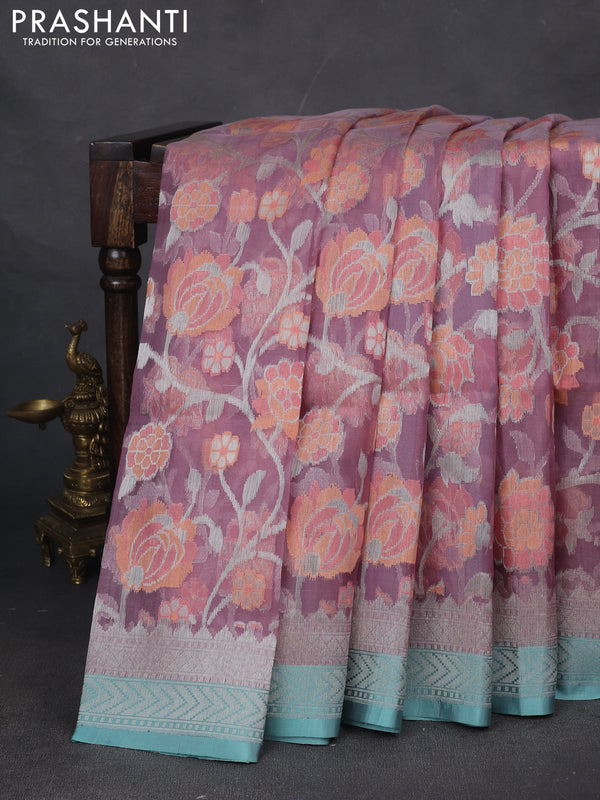 Kora jamdhani silk saree mauve pink and teal blue with allover silver woven jamdhani weaves and zari woven border