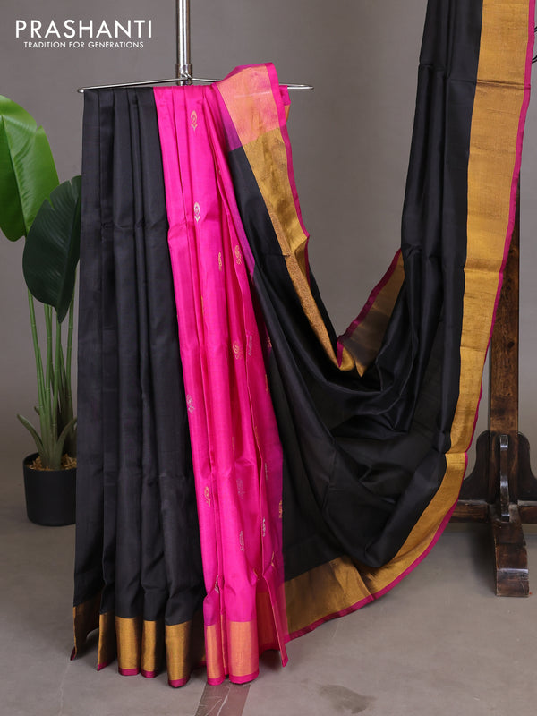 Pure uppada partly silk saree black and dark pink with plain body and zari woven border