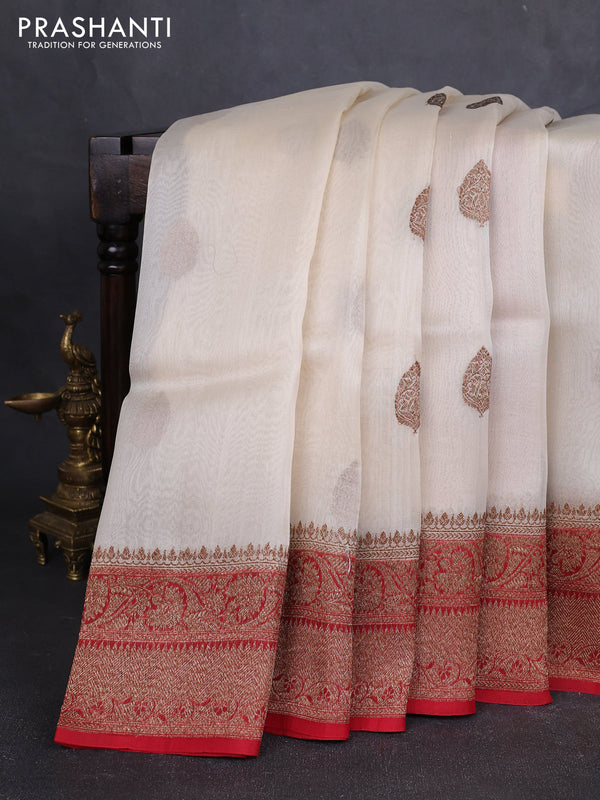 Banarasi organza silk saree off white and red with allover thread & zari woven buttas and banarasi style border