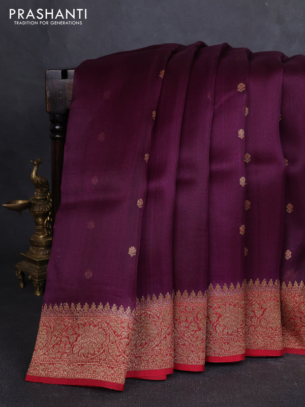 Banarasi organza silk saree wine shade and maroon with allover thread & zari woven buttas and banarasi style border