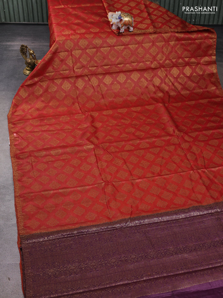 Banarasi tussar silk saree rustic orange and wine shade with allover thread & zari woven buttas and small woven border