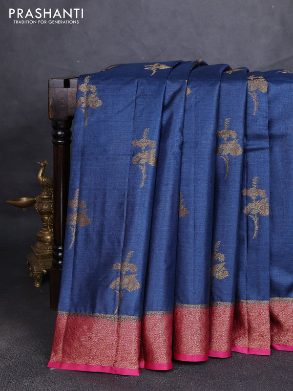 Banarasi tussar silk saree peacock blue and magenta pink with allover thread & zari woven buttas and woven border