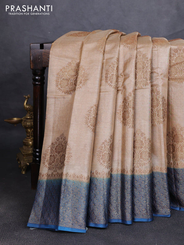 Banarasi tussar silk saree beige and peacock blue with allover thread & zari woven buttas and woven border