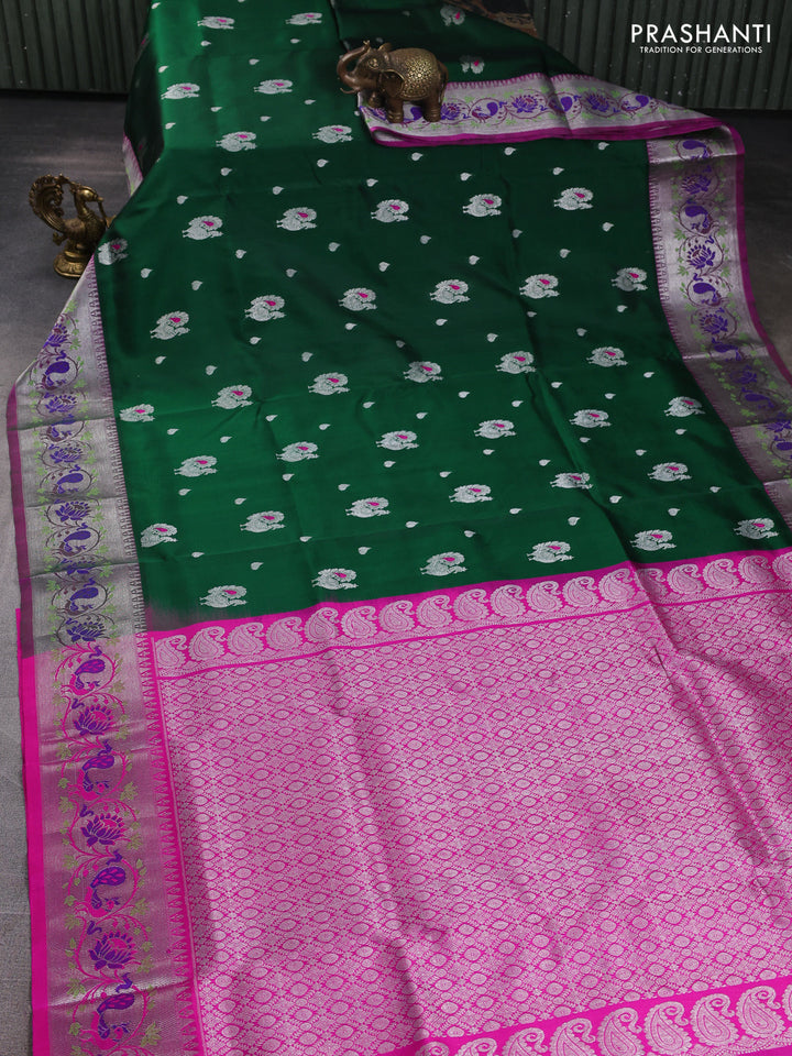 Venkatagiri silk saree bottle green and pink with allover silver zari woven buttas and silver zari woven border