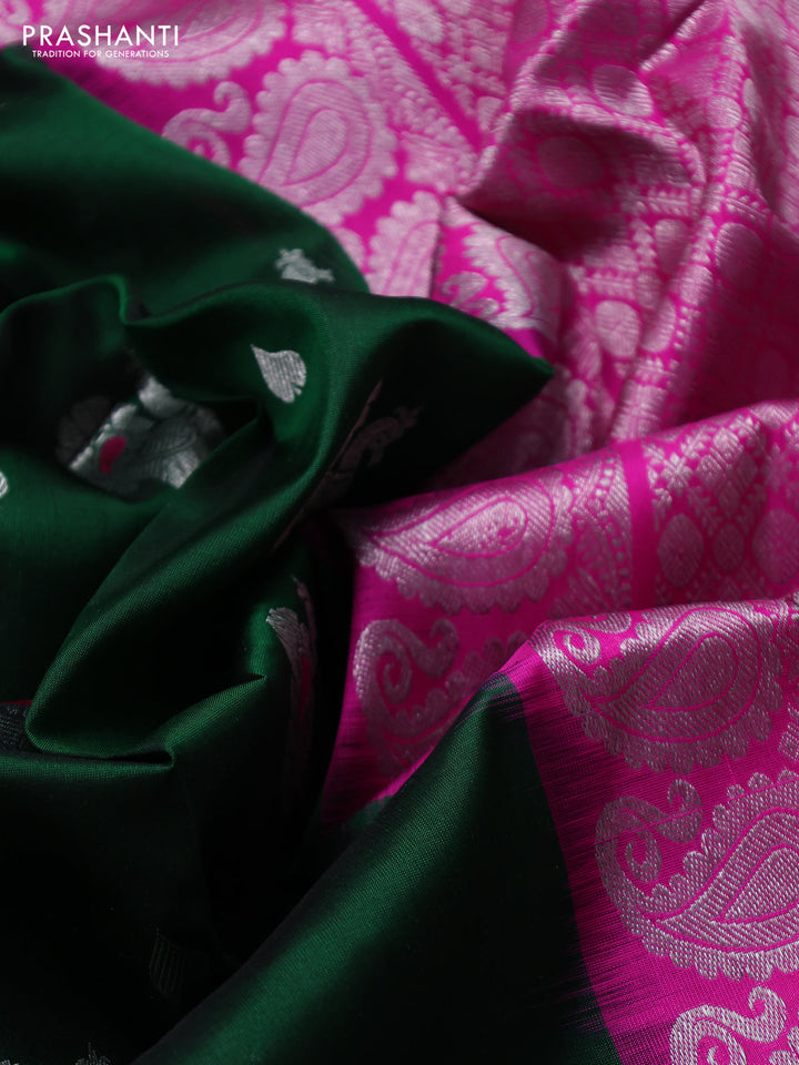 Venkatagiri silk saree bottle green and pink with allover silver zari woven buttas and silver zari woven border