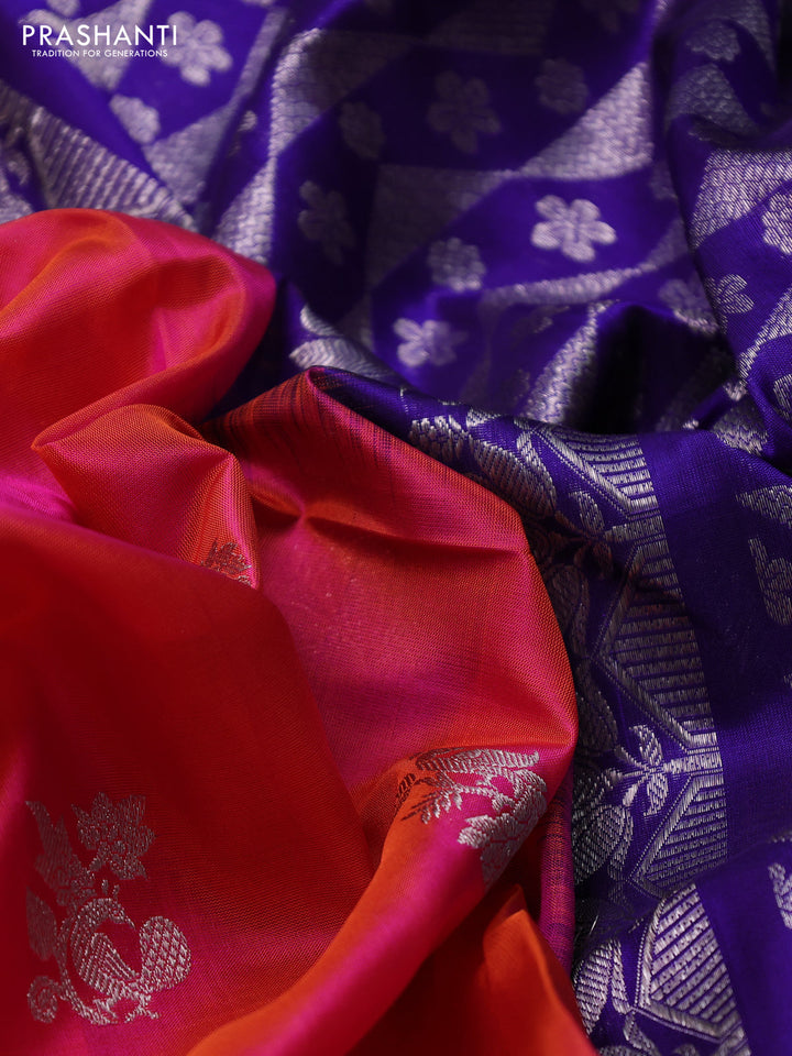 Venkatagiri silk saree dual shade of pinkish orange and royal blue with allover silver zari woven buttas and zari woven border