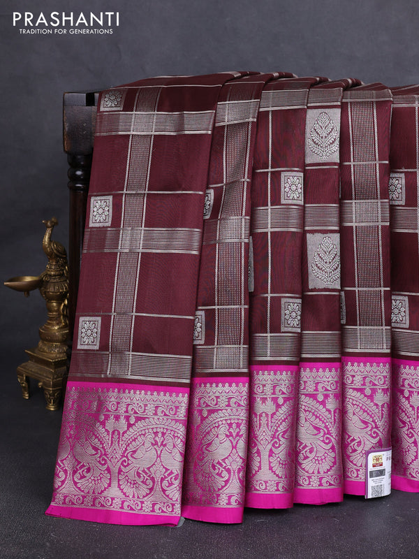 Venkatagiri silk saree coffee brown and pink with allover zari checks & buttas and silver zari woven border