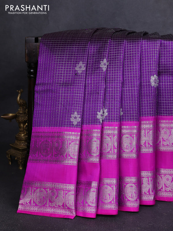 Venkatagiri silk saree purple and pink with allover small checks & silver zari woven buttas and long rettapet silver zari woven border
