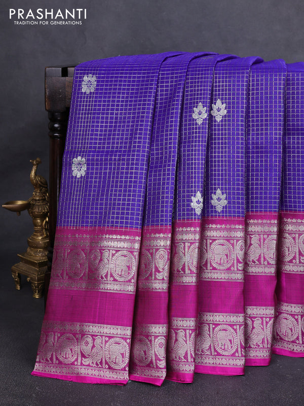 Venkatagiri silk saree blue and pink with allover silver & zari checks buttas and long rettapet silver zari woven border