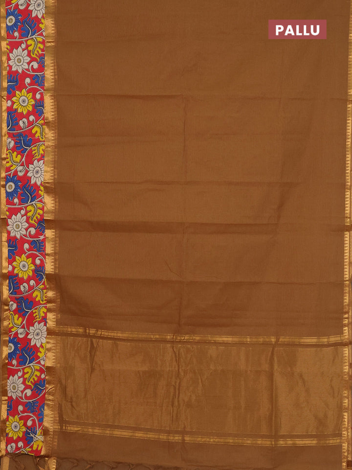 Mangalagiri cotton saree sandal and red with plain body and rettapet zari woven kalamkari border