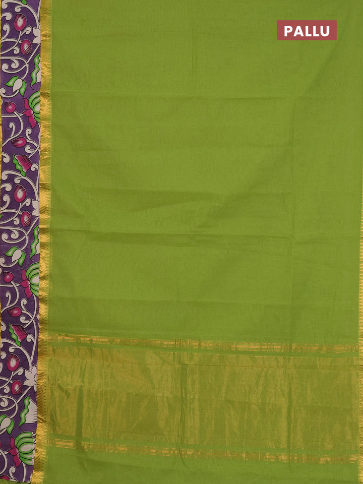 Mangalagiri cotton saree light green and lavender with plain body and rettapet zari woven kalamkari border