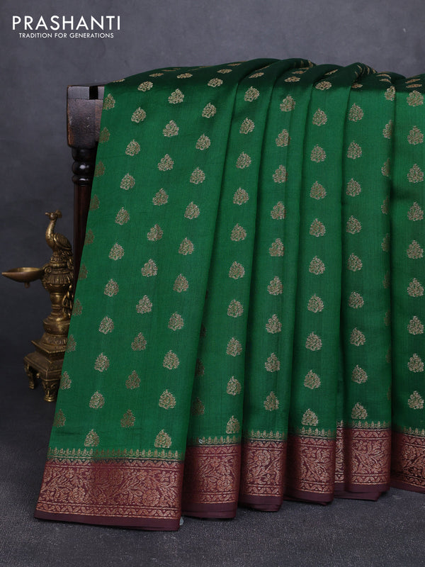 Chiniya silk saree green and coffee brown with allover thread & zari woven buttas and woven border
