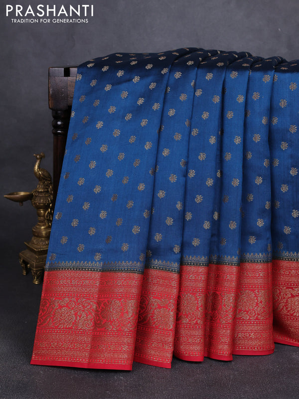 Chiniya silk saree peacock blue and maroon with allover thread & zari woven buttas and woven border