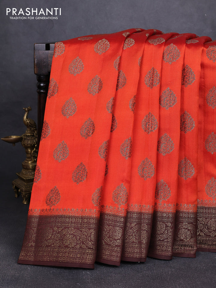 Chiniya silk saree orange and coffee brown with allover thread & zari woven buttas and woven border