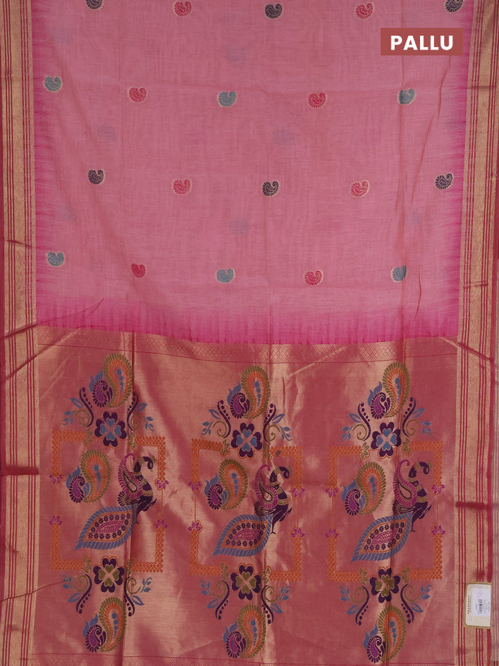 Jamdhani cotton saree peach shade and pink with allover thread woven buttas and jamdhani pallu