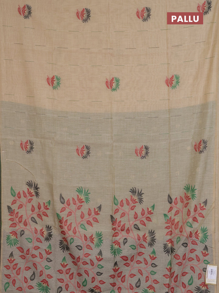 Jamdhani cotton saree beige and green with allover thread & zari woven buttas and jamdhani pallu