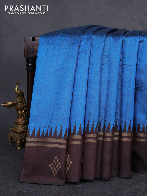 Pure dupion silk saree peacock blue and coffee brown with plain body and temple design zari woven butta border