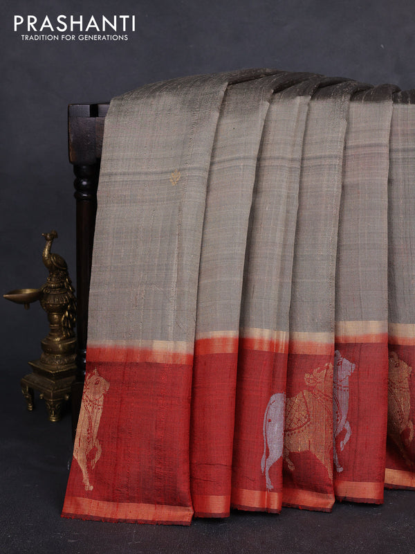 Pure dupion silk saree beige and orange with zari woven buttas and pichwai border