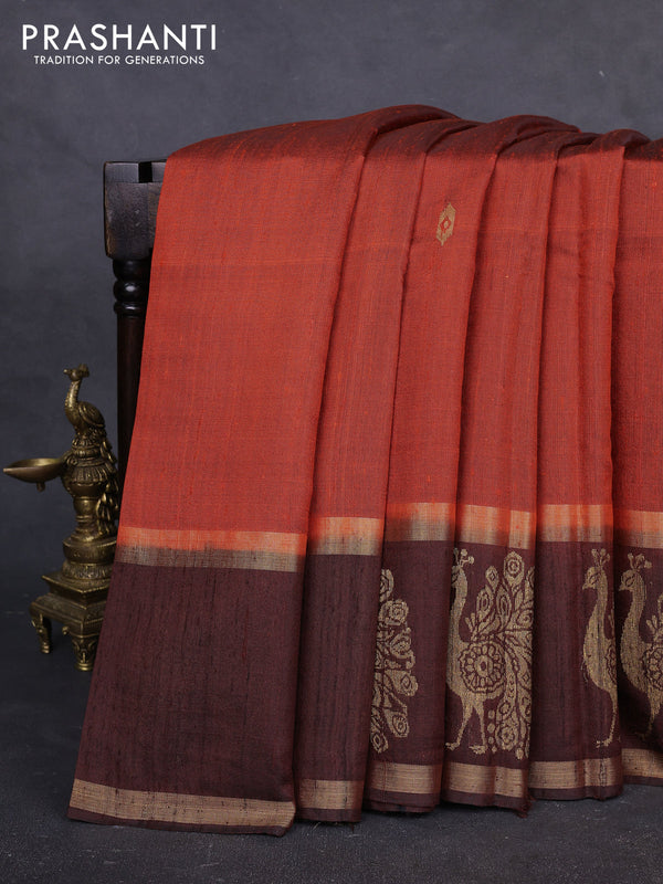 Pure dupion silk saree orange and coffee brown with zari woven buttas and rettapet zari woven butta border