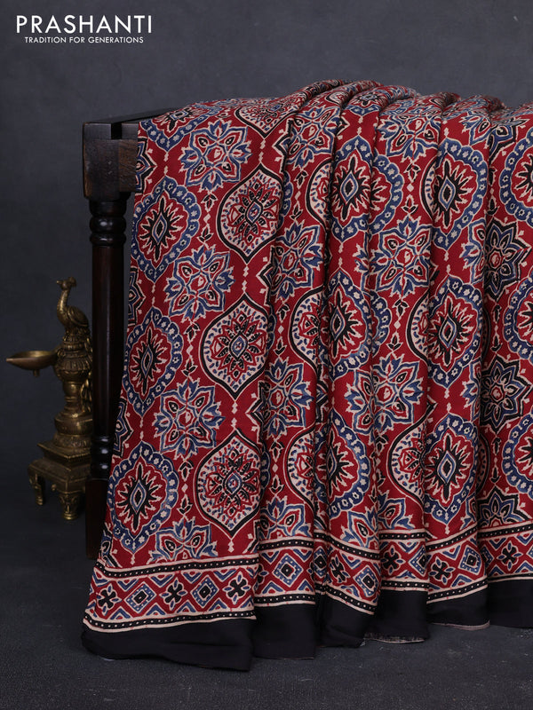 Modal silk saree maroon and black with allover ajrakh prints and printed border