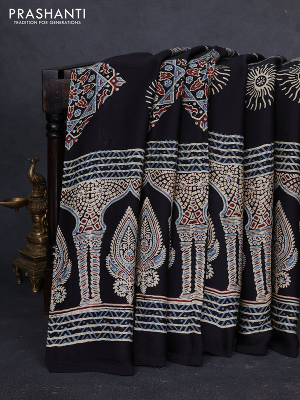 Modal Silk Saree black with allover ajrakh prints and long printed border