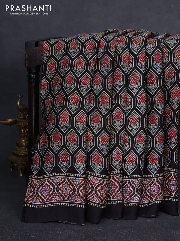 Modal Silk Saree black with allover ajrakh prints and printed border