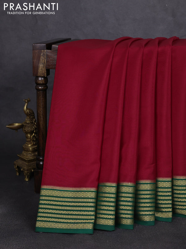 Pure mysore silk saree red and green with plain body and zari woven border