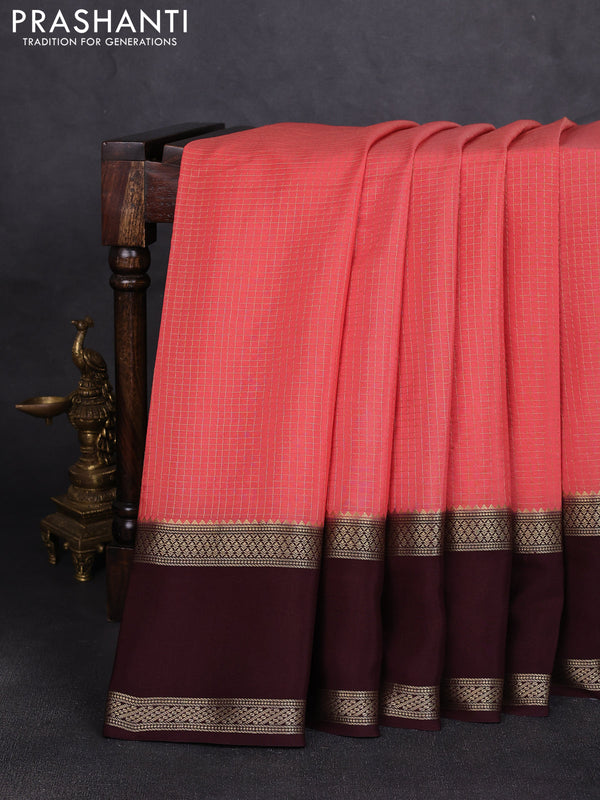 Pure mysore silk saree peach and cofffee brown with allover small zari woven checked pattern and rettapet zari woven border