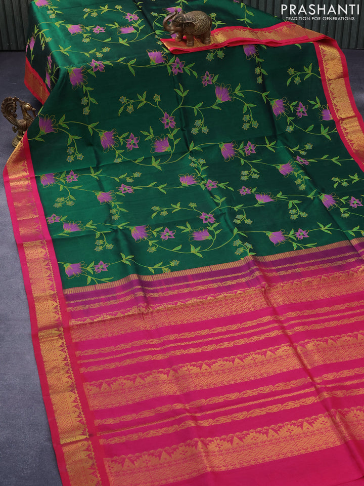 Silk cotton saree green and pink with allover pichwai prints and zari woven korvai border