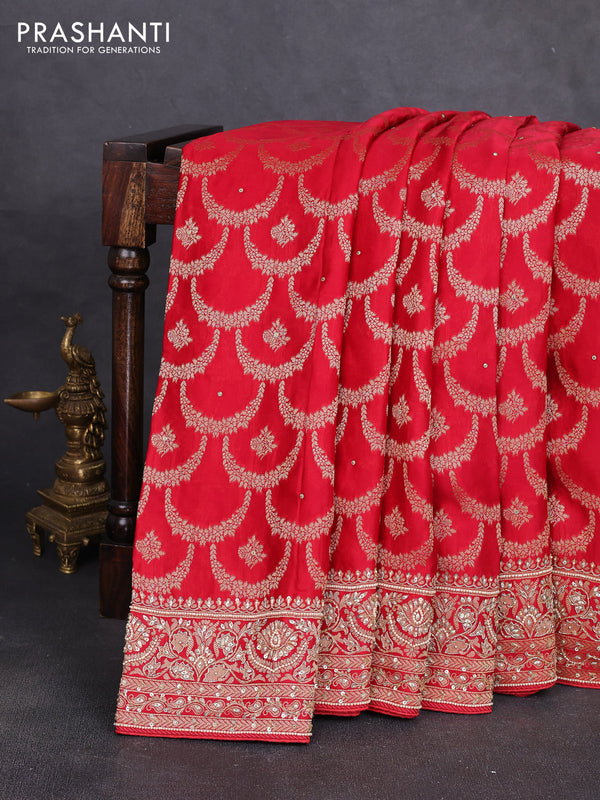 Banarasi silk saree red with allover zari woven weaves and zardosi work pallu & border