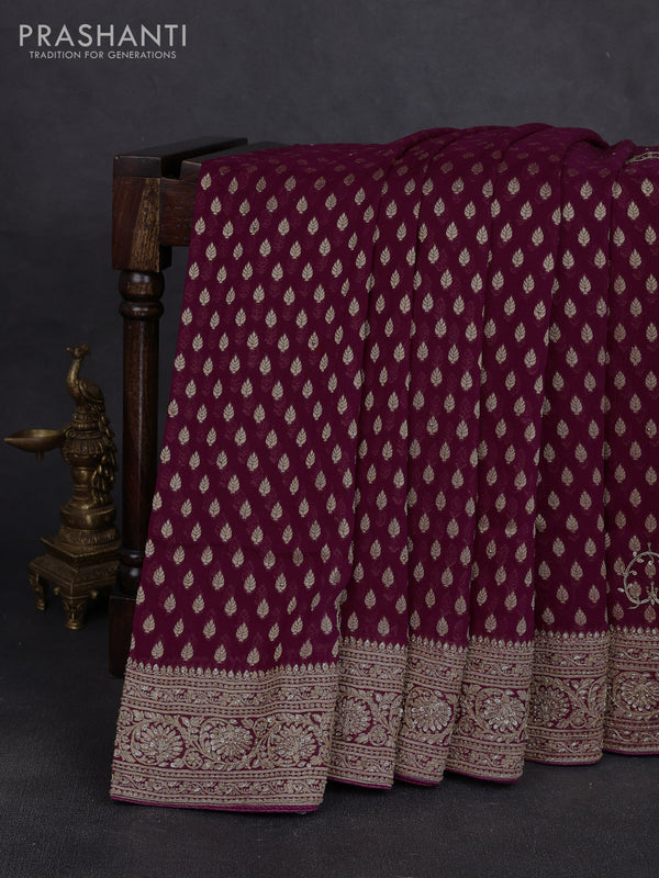 Banarasi silk saree purple shade with allover zari woven buttas and zardosi work pallu & border