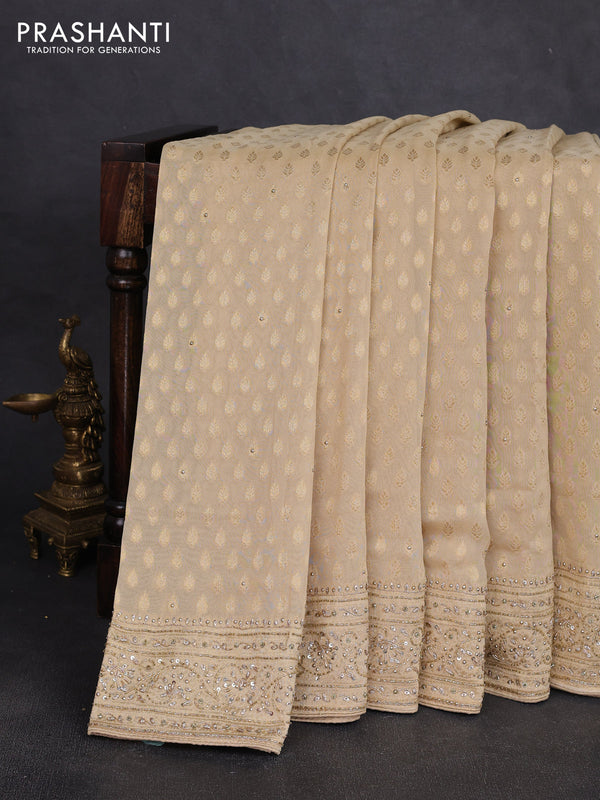 Banarasi silk saree beige with allover zari woven buttas and zardosi work pallu & border