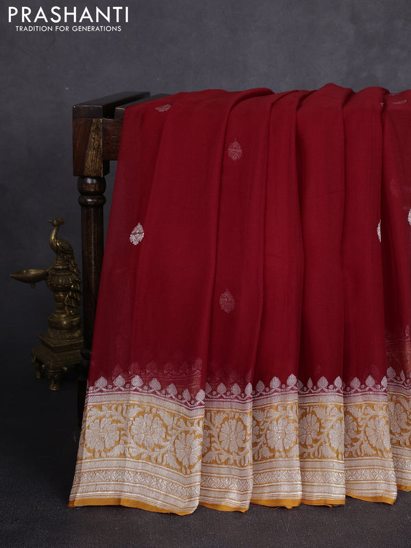 Banarasi chiffon saree red and orange with allover silver zari woven buttas and silver zari woven floral border