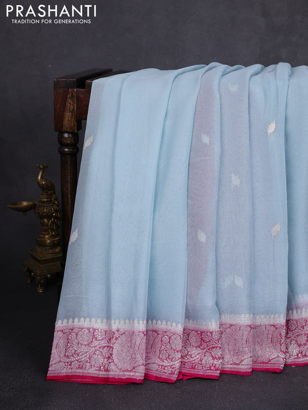 Banarasi chiffon saree pastel blue and pink with allover silver zari woven buttas and silver zari woven floral border