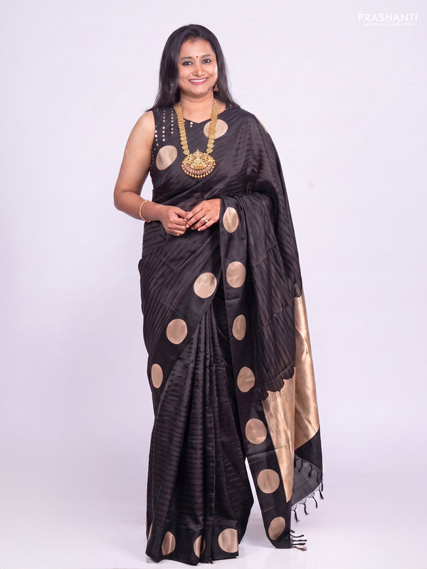 Banarasi silk saree black with allover stripe pattern and zari woven geometric butta border