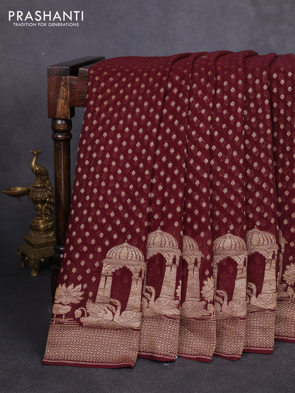 Banarasi georgette saree wine with allover thread & zari woven buttas and woven border