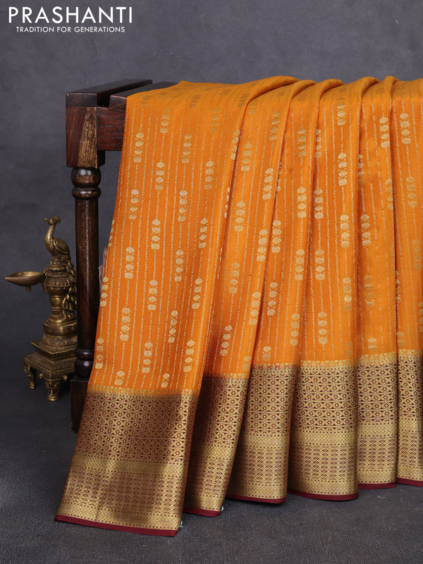 Pure mysore silk saree mustard yellow and deep maroon with allover zari stripe & buttas and long zari woven border