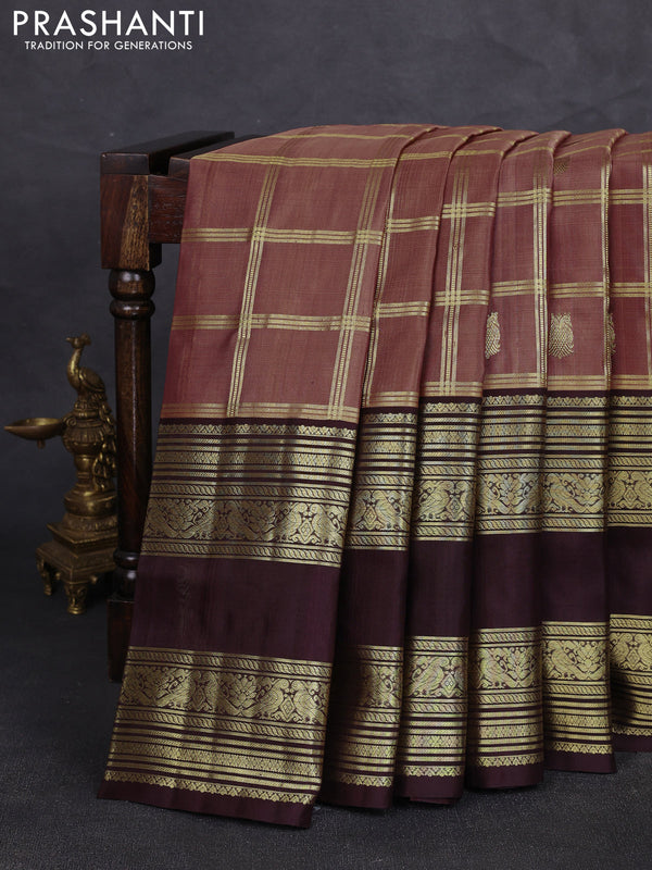 Venkatagiri silk saree mauve pink and coffee brown with allover zari checks & buttas and long rettapet zari woven border