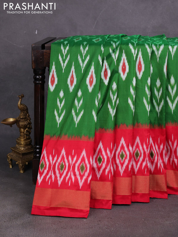 Pochampally silk saree green and red with allover ikat weaves and ikat zari woven border