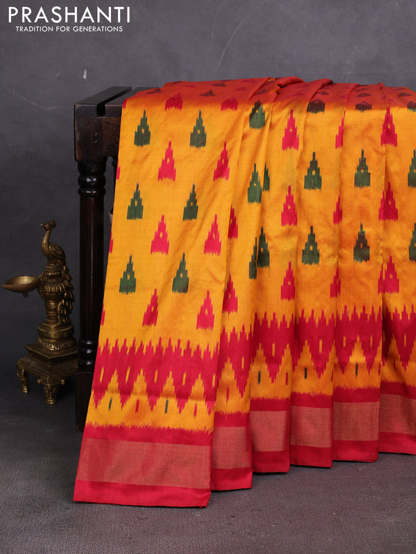 Pochampally silk saree sunset orange and red with allover ikat weaves and ikat zari woven border