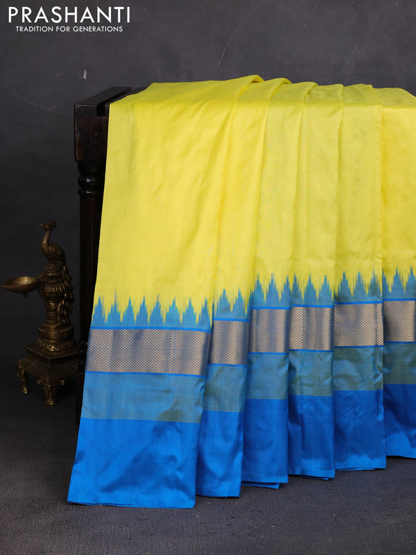 Pochampally silk saree lime yellow and cs blue with plain body and long ikat zari woven border