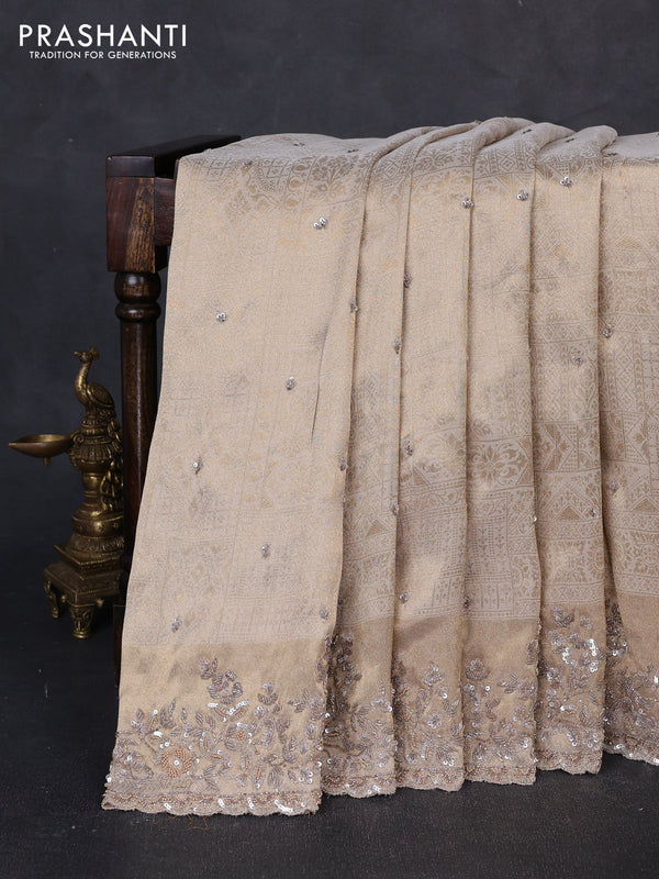 Banarasi silk saree beige with allover zari woven brocade weaves & sequin work and sequin embroidery work pallu & border