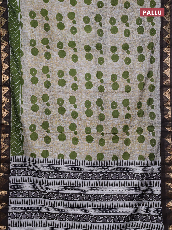 Semi maheshwari cotton saree grey light green and coffee brown with allover floral prints and zari woven border