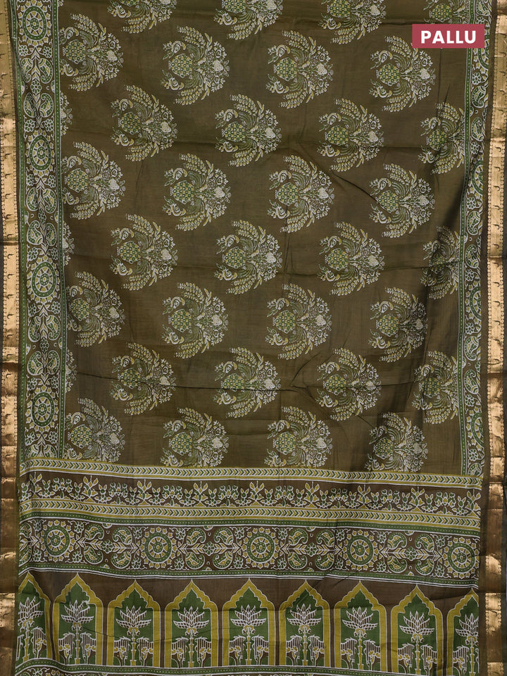 Semi maheshwari cotton saree olive green with allover butta prints and zari woven muniya style border