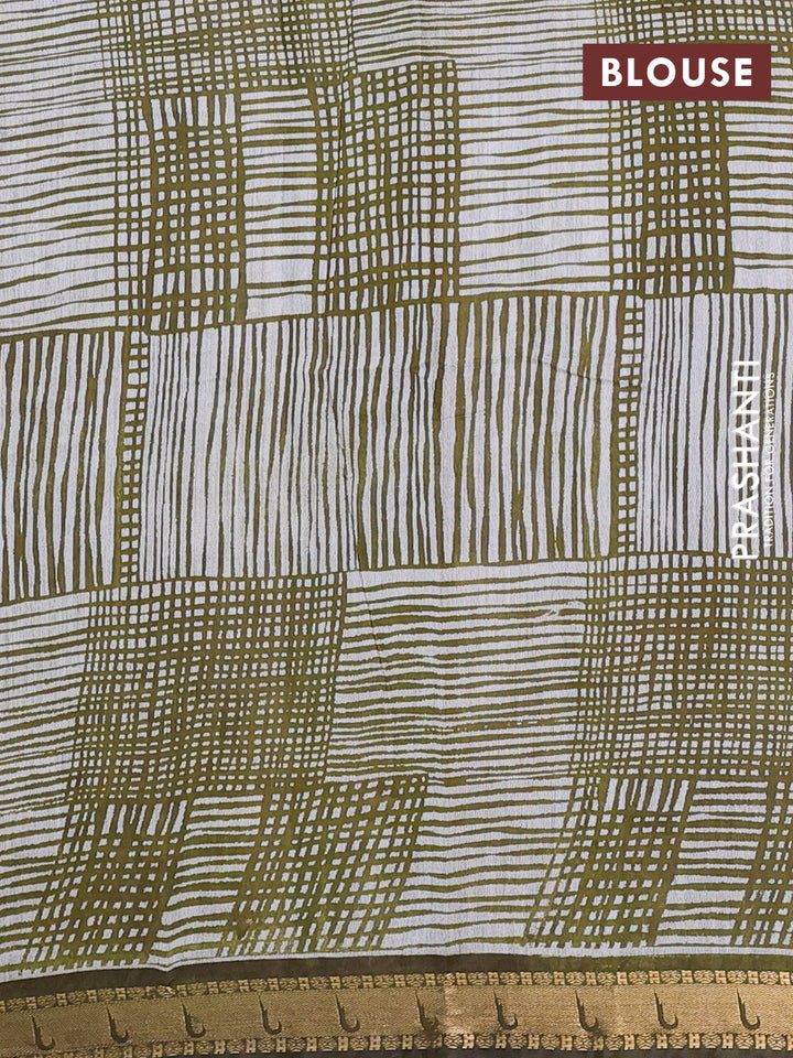 Semi maheshwari cotton saree olive green with allover butta prints and zari woven muniya style border