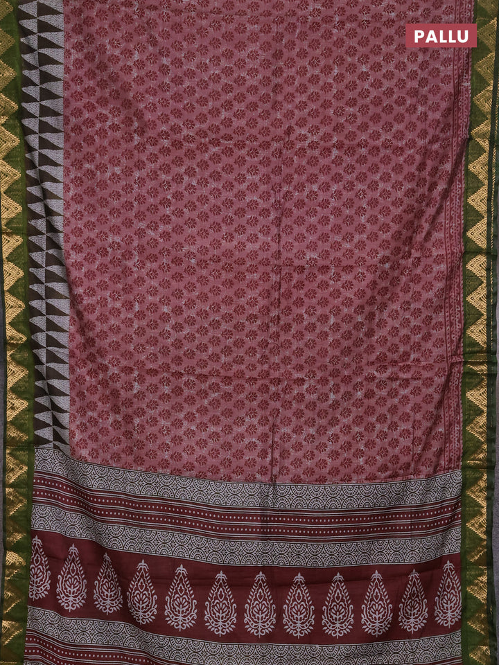 Semi maheshwari cotton saree pastel maroon and light green with allover butta prints and zari woven border